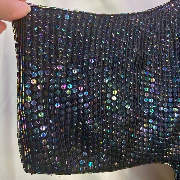 Vintage Black Beaded Blouse 100% Silk Sequin Rainbow Sparkly Retro 80s Sz Medium - Picture 12 of 12
